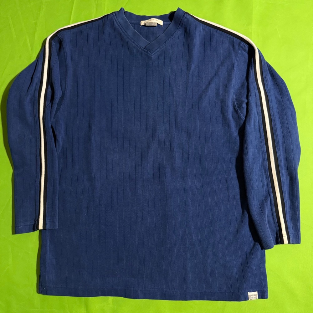 Y2K Antigua Sport Large Blue Ribbed V-Neck Long Sleeve Pullover Racing Stripe